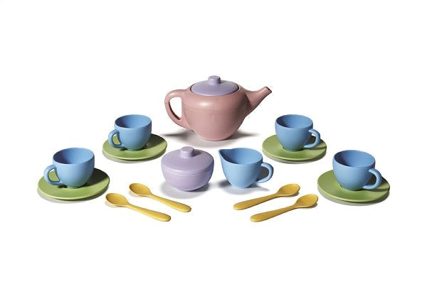 green toys sustainable tea set with a tea pot cups saucers and spoons