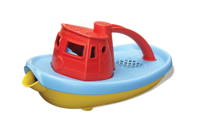 green toys tug boat bath toy with a red cabin and blue and yellow body