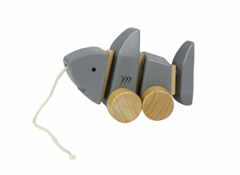 everearth wooden toy pull along shark in grey