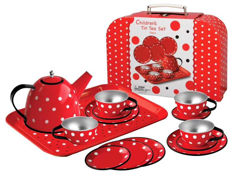 A gorgeous Tin Tea Set from Egmont. 15 piece set includes 4 teacups & saucers, 4 plates ,teapot and serving tray. Presented in beautiful case. A gorgeous polka dot design Designed in Europe by Egmont. Case size 28 cm x 20 cm x 9cm Not suitable to carry liquids, for pretend play only Recommended age 3+ 