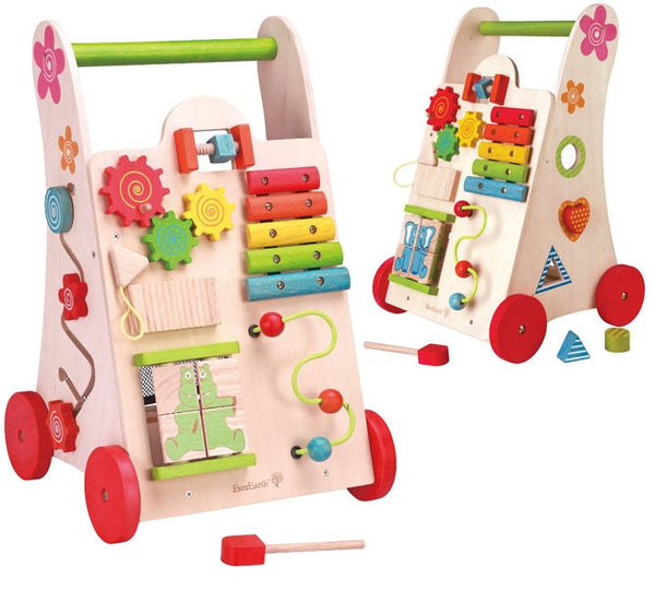 A wooden activity walker to entertain children and encourage walking.