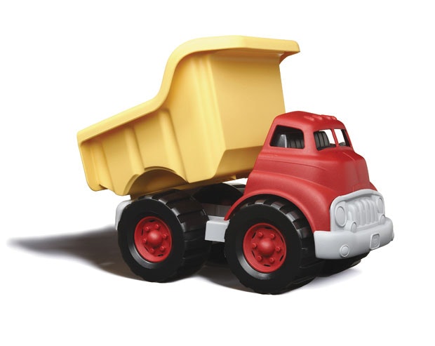 green toys dump truck in red and yellow