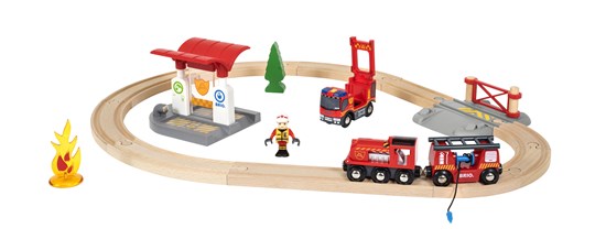 Brio train set with a fire rescue theme includes a round track wit 3 train fire engines and accessories.