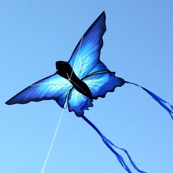 a childrens butterfy kite flying in the sky with beautiful blues and black outlines