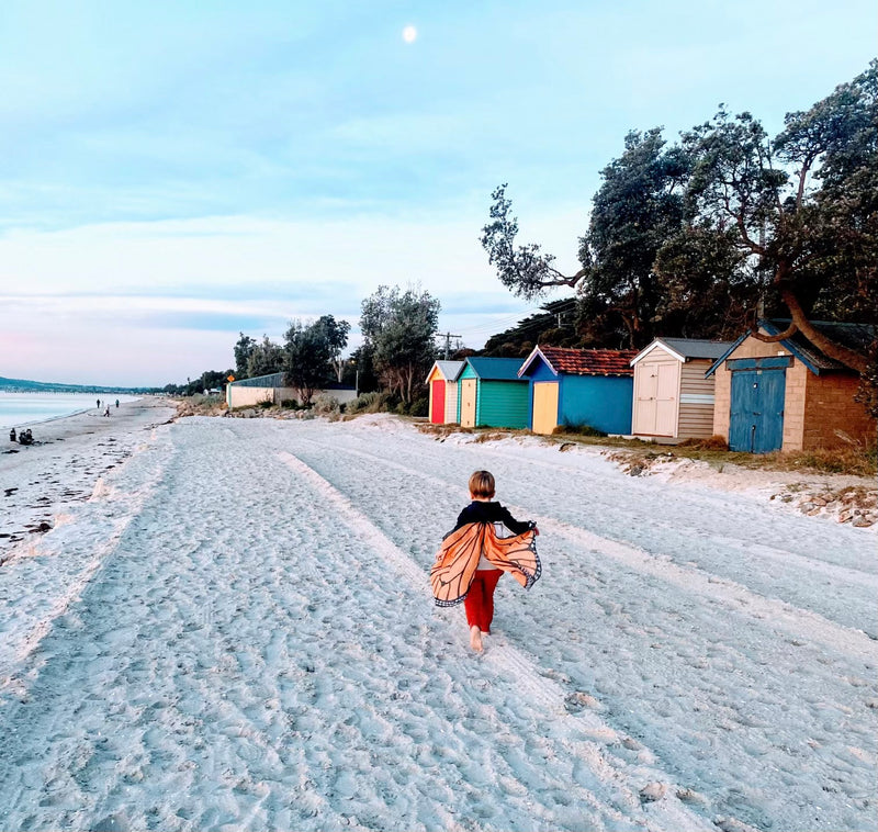 A gorgeous picture of a children wearing the orange butterfly wings and walking along the beach.