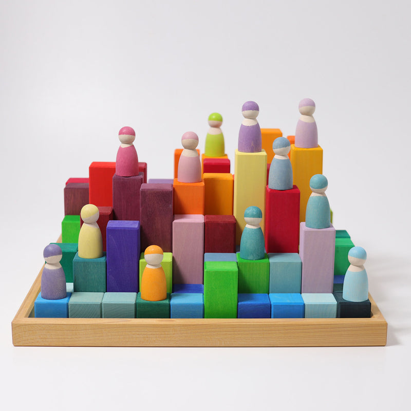 the grimms wooden blocks at various heights and colours