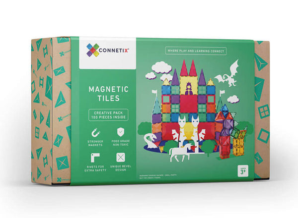 Connetix tiles boxed set of 100 colourful magnetic tiles for creative and imaginative building. Recommended age 3 + 