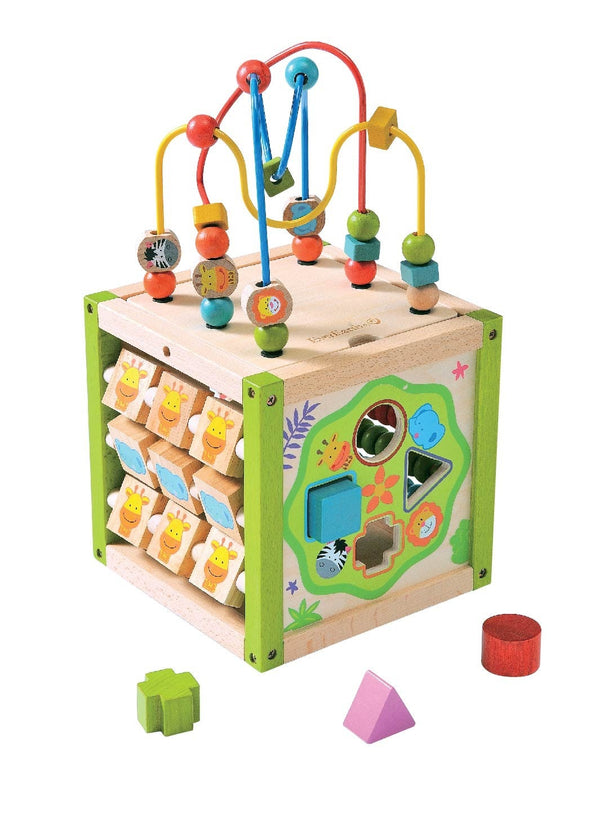 everearth wooden baby toy multiplay activity cube with beads, shape sorting and puzzles for young children multicoloured