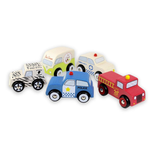 discoveroo wooden toy cars emergency theme 5 lined up