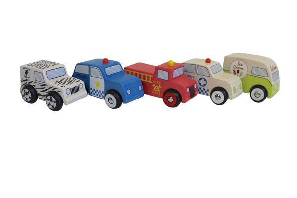 discoveroo wooden toy cars emergency theme 5 lined up