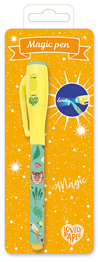 A packaged djeco magic pen with yellow lid and animal print on the pen. Recommended for children ages 3+