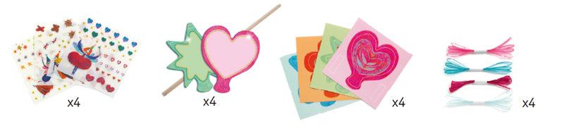 A picture of djeco wand kit contents which includes 4 sticker sheets, assorted colored ribbon cord and 4 large stickers .