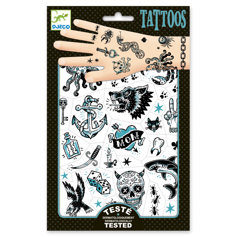 Djeco dark side tattoos are fabulous fun for all ages 3+. Black & white skulls, dice, wolves, sharks, octopus, dagger , eagles are a few of the tattoos.
