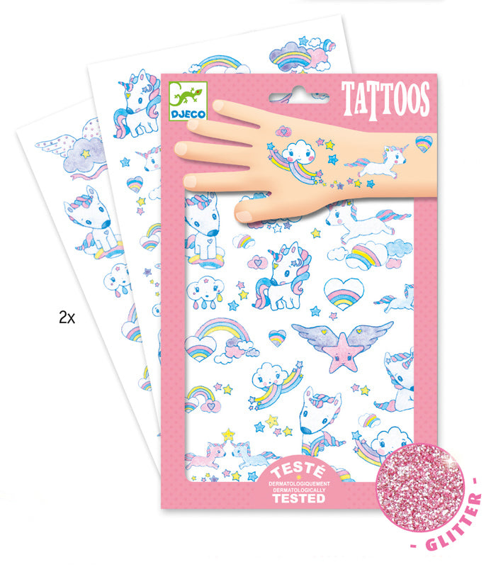 Djeco unicorn tattoos are sweet as sweet with little pink and light blue unicorns, stars, rainbows and clouds. Recommended age 3 +