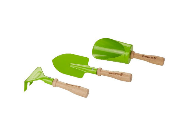 everearth wooden garden tool set 3 pieces green good for child mobility toys 