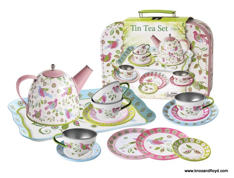 Tin Teaset, floral design for ages 3+ . A great gift presented in a floral design carry case.