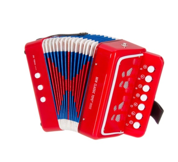 kids musical toy accordion in red colour with white buttons