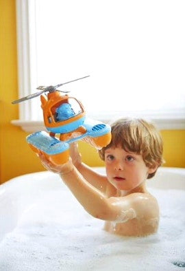 green toys helicopter bath toy in blue and orange