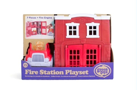 the green toys fire station play set in its recycled packaging