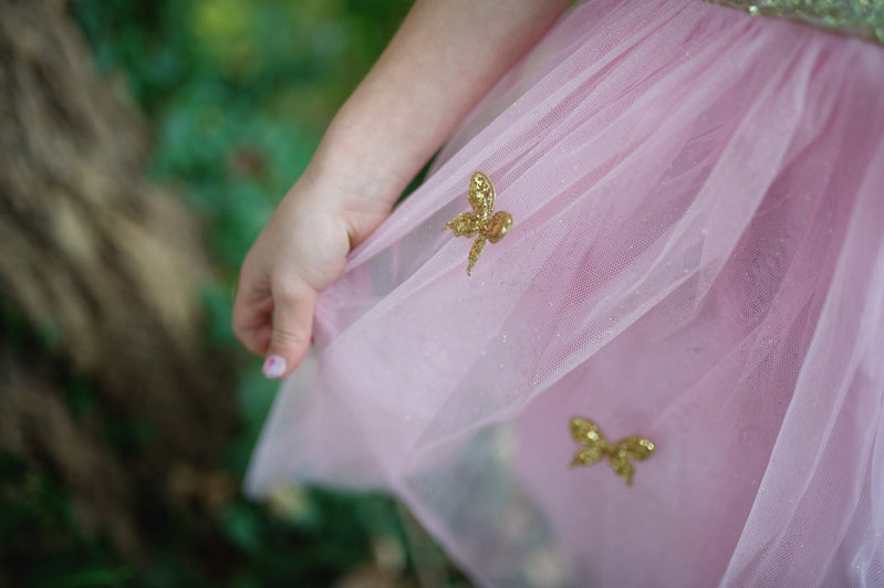 the gold embroidery on the pink tule skirt of the butterfly girls costume