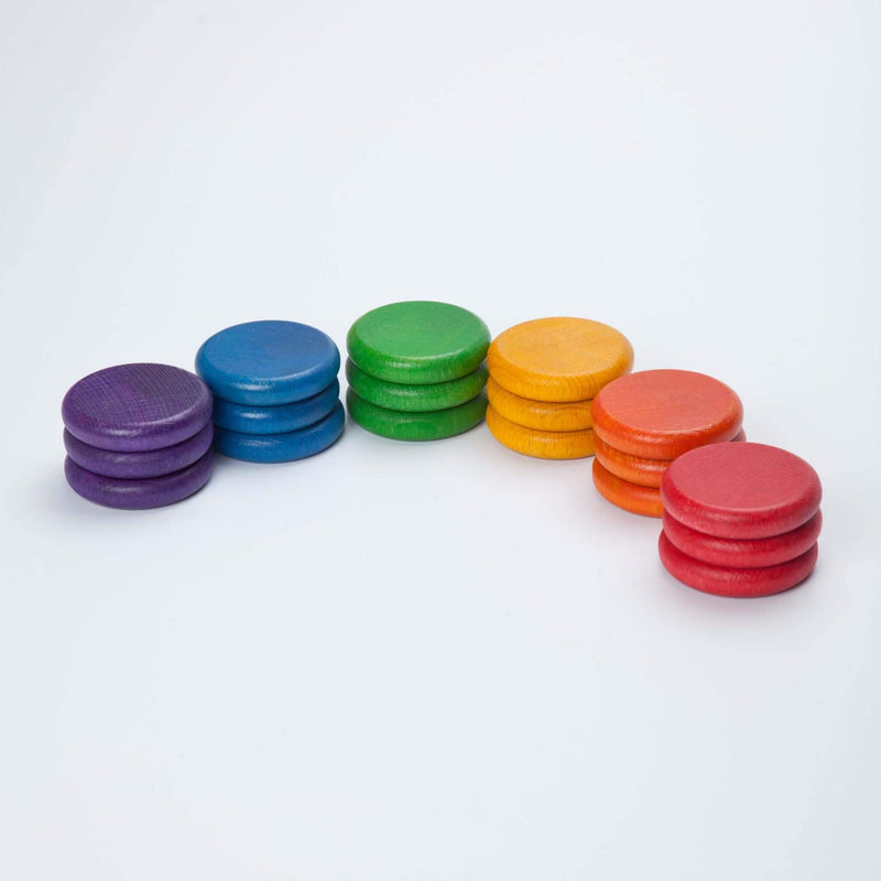 grapat set of 18 wooden coins in rainbow colours