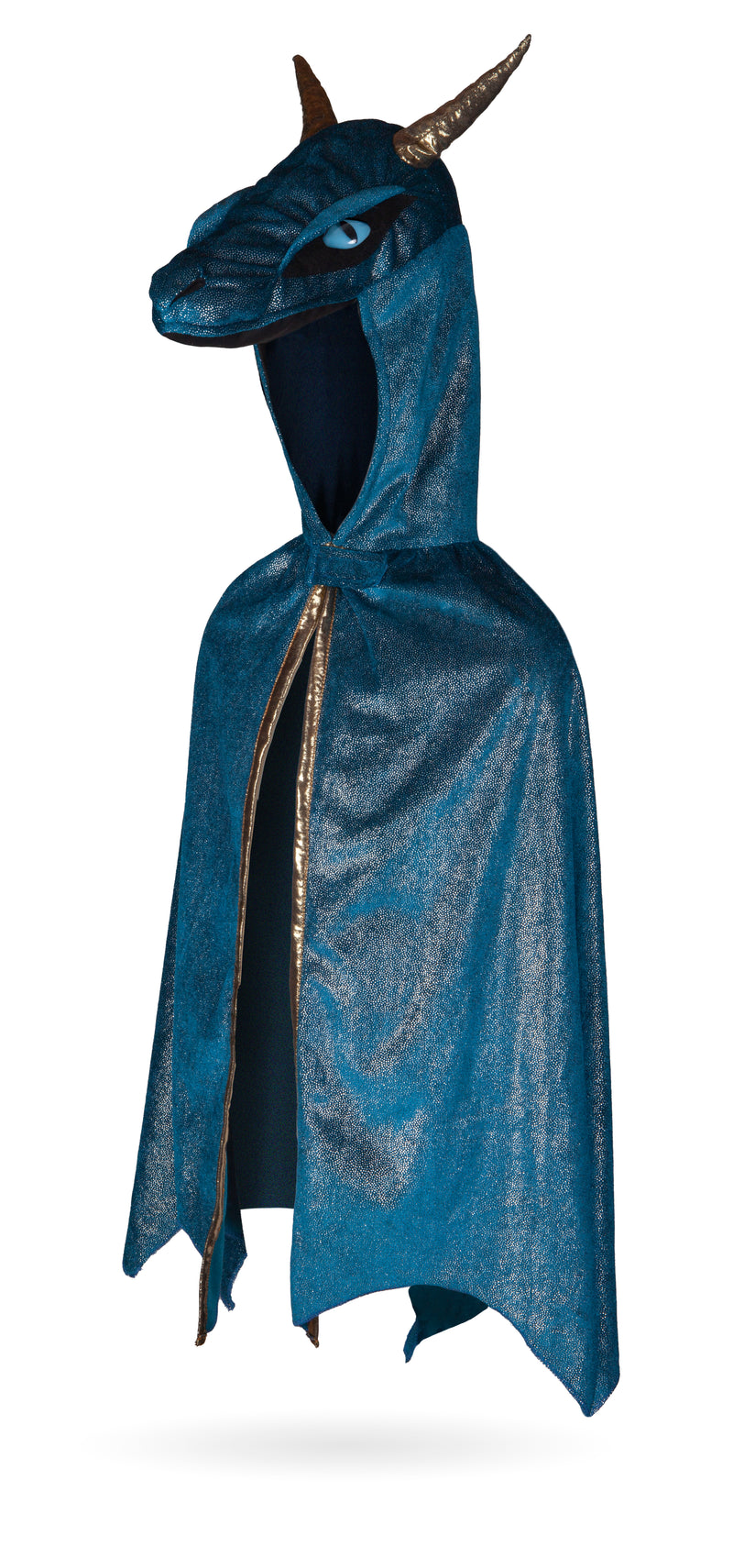 great pretenders teal shiny fabric dragon kids costume with gold trims and blue eyes on the hood