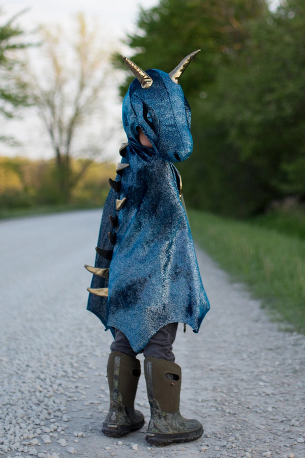 blue dragon cape in a velvet texture with gold spikes and horns