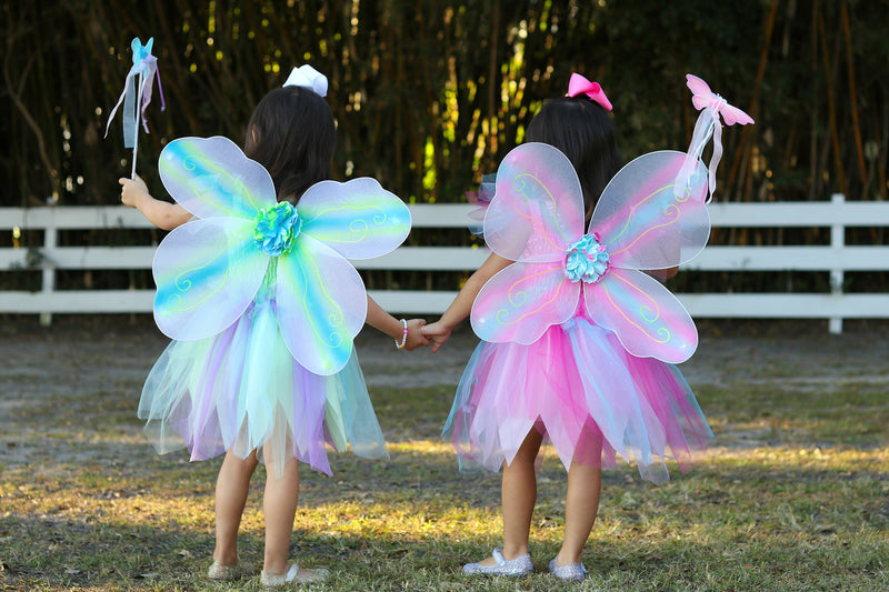 showing the wings and shirred skirts of the butterfly girls costume dress by great pretenders