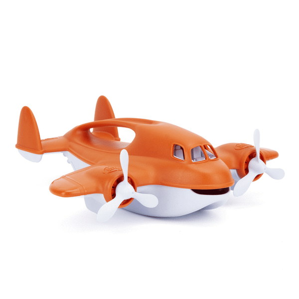 an orange and white plane made from recycled plastic by green toys
