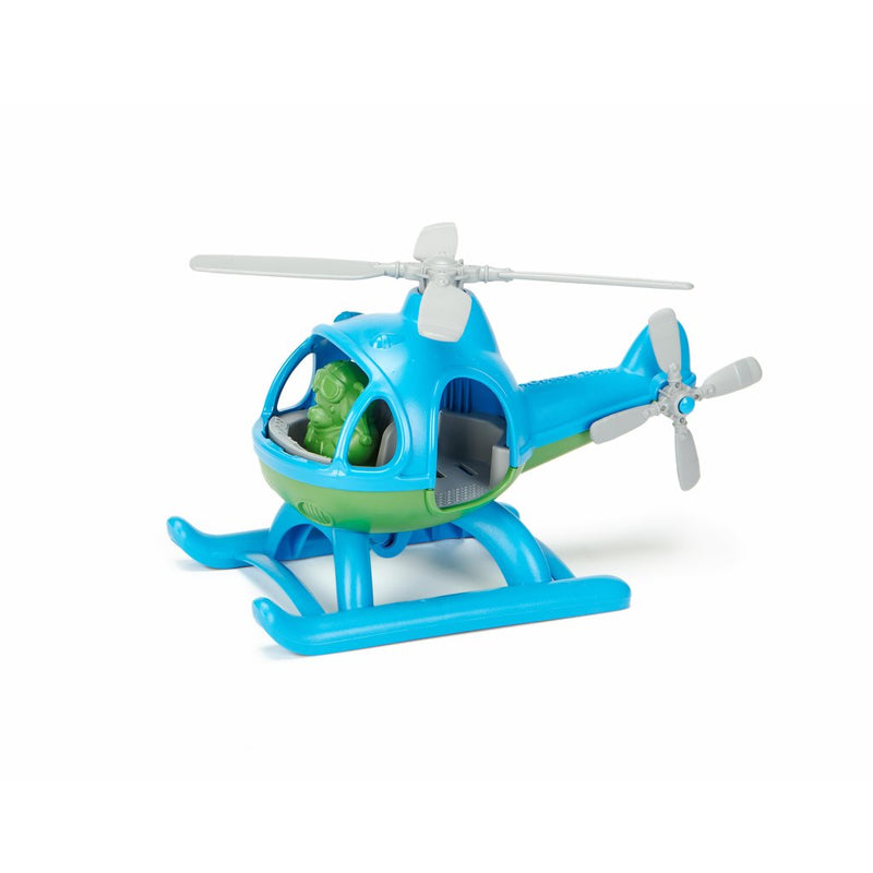 a blue and green helicopter by green toys with grey propeller blades