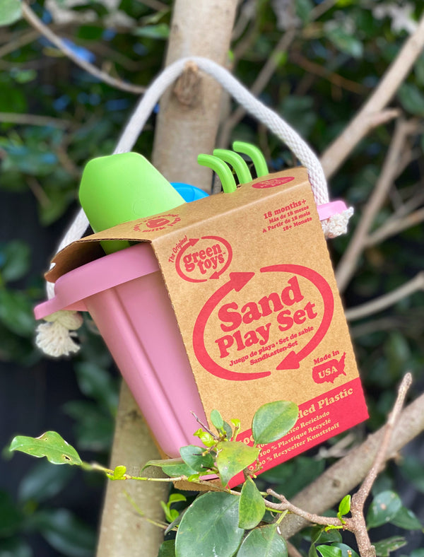 green toys sand bucket for kids with spade and fork for outdoor play