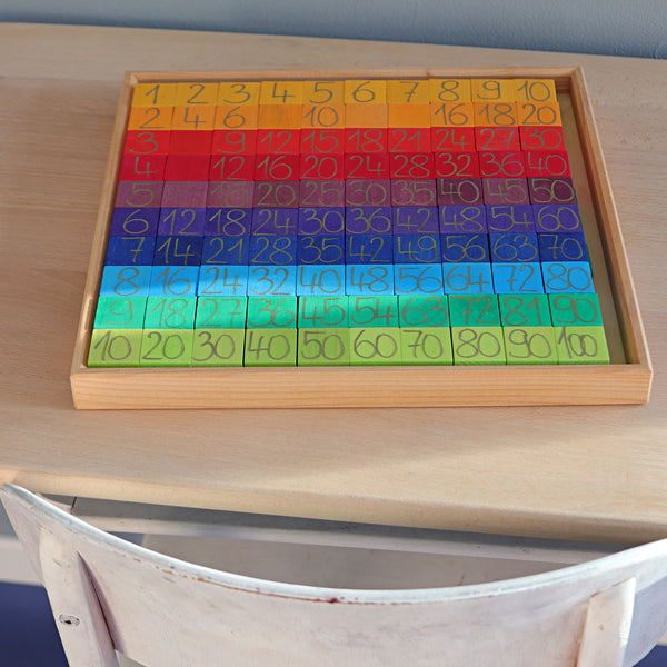 grimms counting with colours a set of colourful wooden blocks arranged in order of a rainbow and labeled with numbers 1 to 100