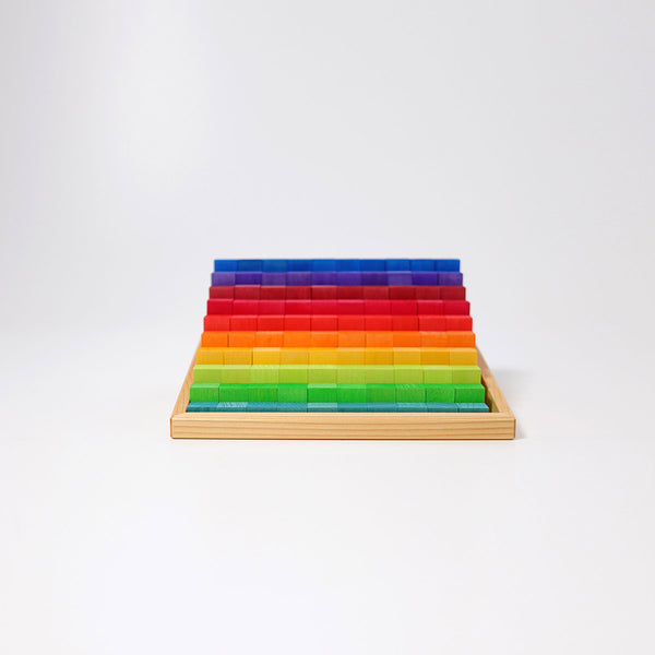 grimms stepped pyramid a range of rainbow coloured blocks stacked from shortest to tallest 