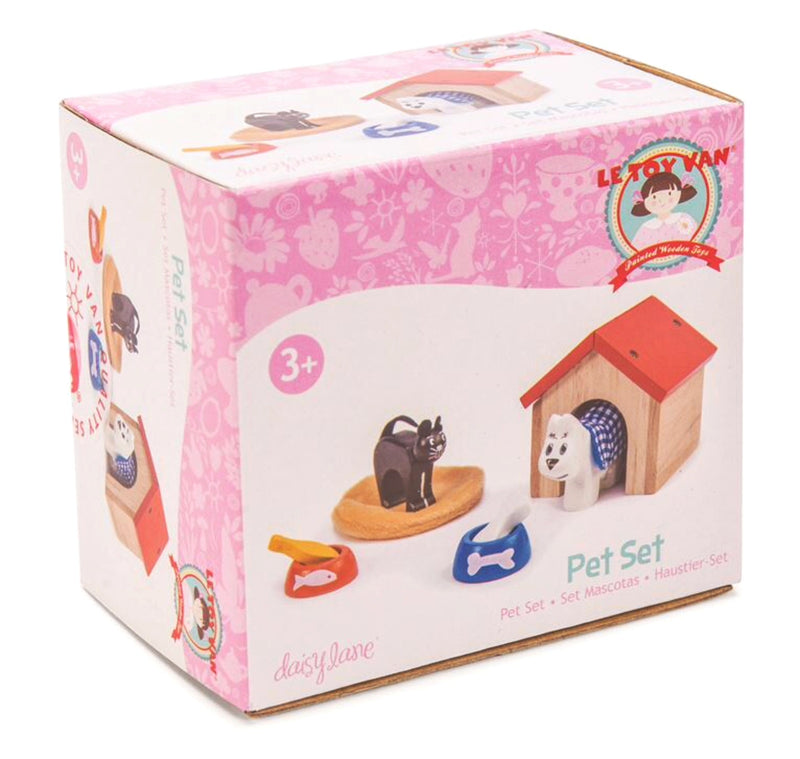 The sweetest little Pet Set. Great for imaginative and creative play. Set includes - wooden Dog & Cat, food & bowls, blanket