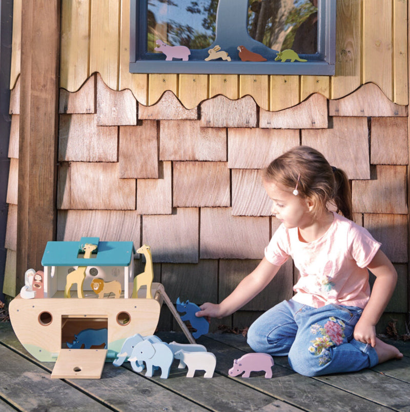 Tender Leaf Toys Noah's Ark is a new item in the wooden range. A classic wooden ark in plain wooden with blue roof. beauitful soft coloured animals make this Ark a pleasure to look at & play with. Hours of imaginative play and recommended age 3+