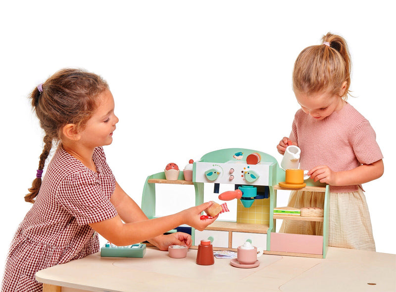 Tender leaf Toys wooden cafe set is a wonderful new set for young ones. Recommended ages 3+ and will invite hours of imaginative play. Serve coffee, tea & cake for hours. 