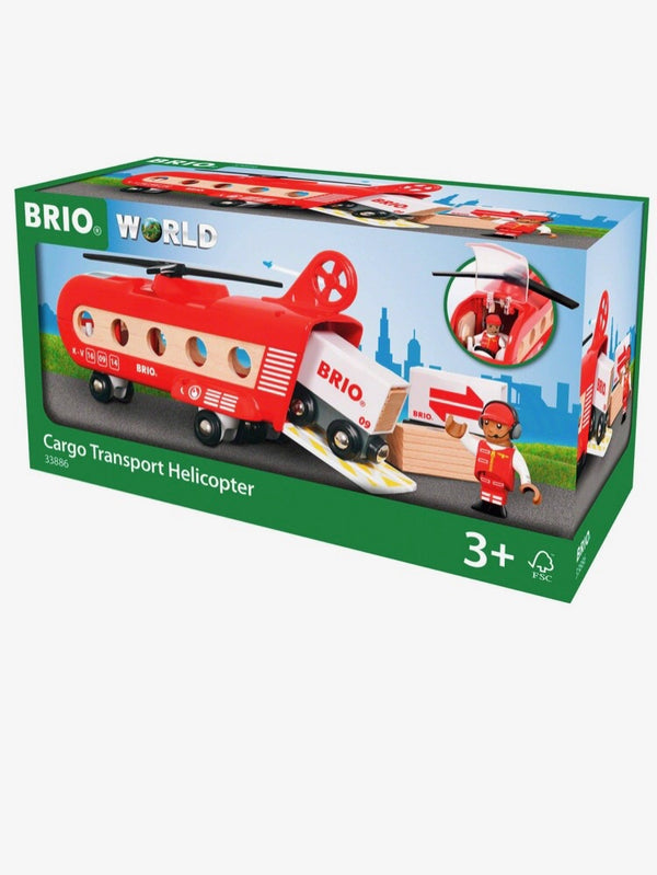 Load all of the cargo onto the helicopter for a quick delivery! Set includes: Transport Helicopter, BRIO pilot character, 2 Wagons, 2 Cargo Containers and 2 Loads.