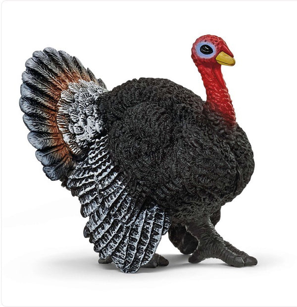 A spectacular Turkey figurine from Schleich. One of the most popular animals in the USA and Canada. During mating season a male turkey will spread its feathers out like a fan.