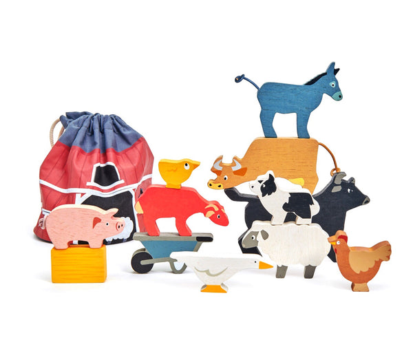 Gorgeous farm yard stacking animals by Tender Leaf. Includes a drawstring farm bag to store all the animals for on the go children!