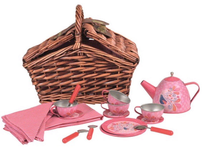 Egmont Toys Tin Tea Set in Wicker Basket, Peacock Design Childplay