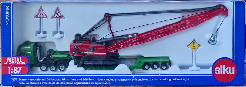 Siku - Heavy haulage transporter with cable excavator, wrecking ball and signs