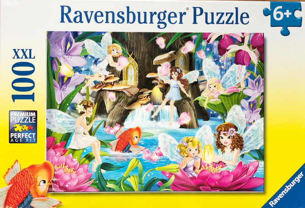 ravensburger 100 piece puzzle for children age 6 +. A beautiful puzzle image of fairies playing in the nightlight. Full of deatil and colour