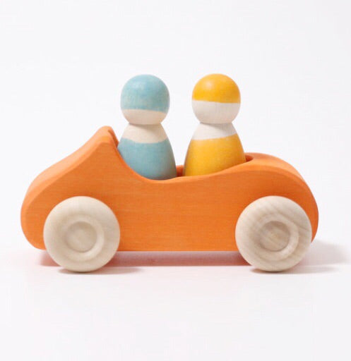 Grimm's Wooden Convertible Car in orange with 2 peg doll passengers . Recommended age 1+