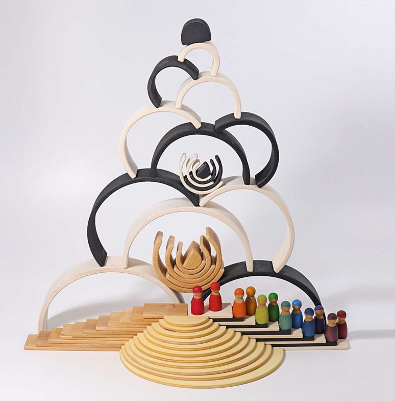 Play around with the blocks to try and create different shapes! Can be paired with other Grimms products for additional difficulty