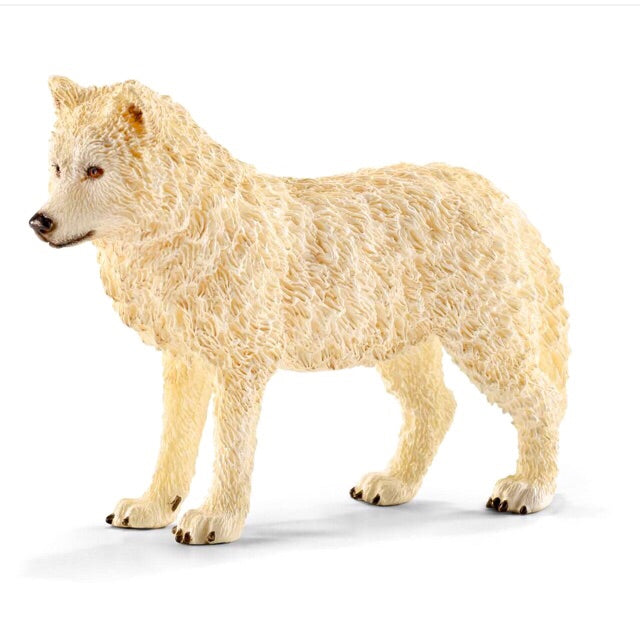 The Arctic wolf lives in Canadian Arctic islands and northern Greenland, harsh conditions. Size height 6.5 cm,  length 9 cm , width 3 cm  Recommended ages 4-12 years 
