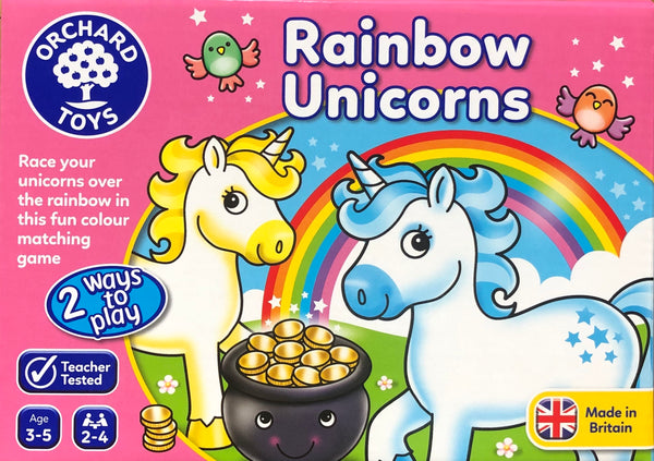 A new game from Orchard toys, Rainbow UNicorns- Race over the rainbow by matching the coloured unicorns. Great for ages 3-5 years.