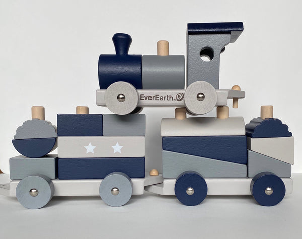 everearth wooden peg sorting train in blue and grey, great for coordination and organisation
