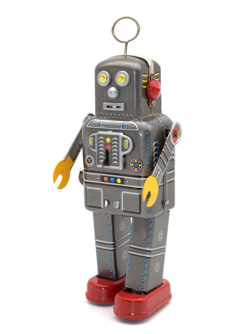 Space Man tin mechanical robot. A great addition to any robot collection. Silver , red feet & ears, yellow robot hands and silver antenna.
