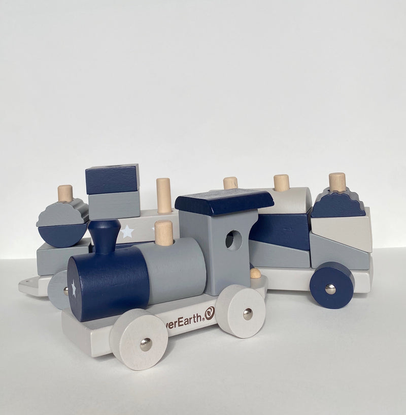 everearth wooden peg sorting train in blue and grey, great for coordination and organisation