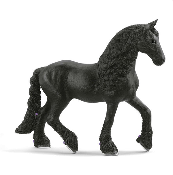 The frisian mare is a strikingly elegant horse with a black coloured coat  A magnificent mane and a pretty tail This figurine is well groomed with braids and plaits & mini purple ribbons Distinctive feature is the long hair on the legs 